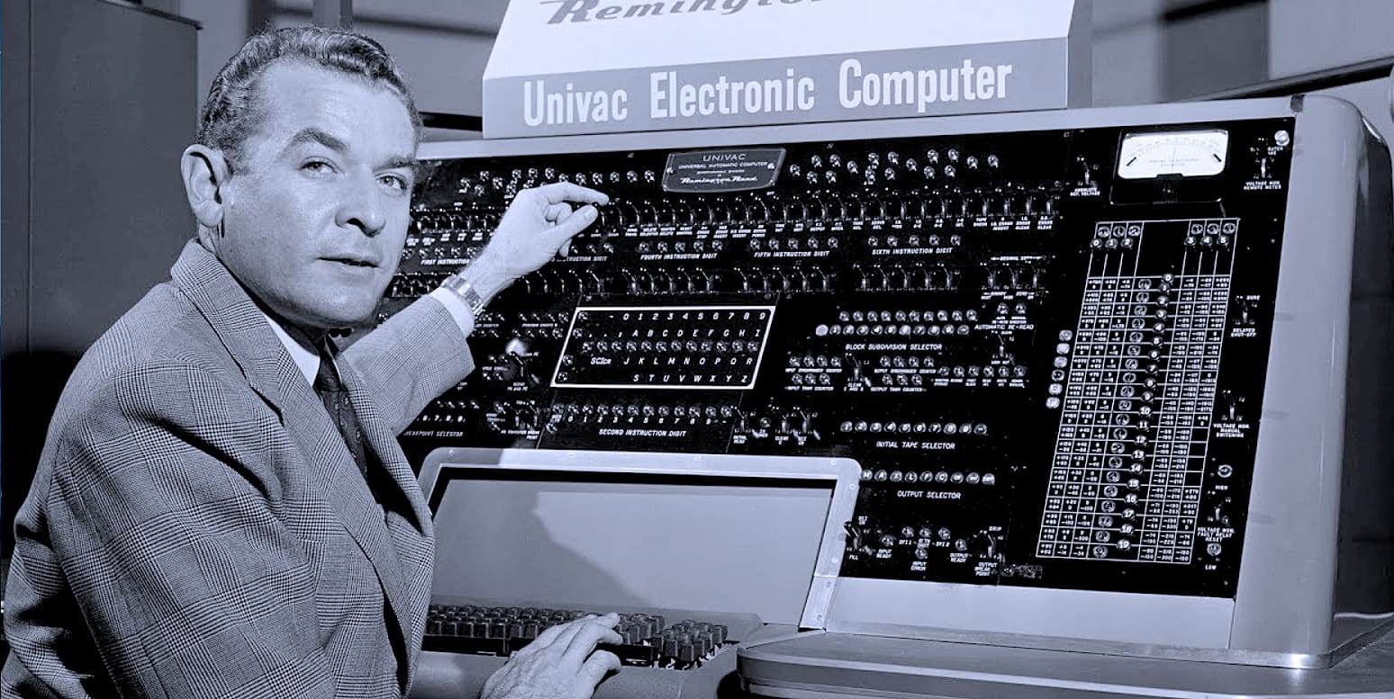 Vintage computer engineer operating early electronic computer at tech exhibition, showcasing 1950s computer technology and hardware, historic digital computing innovations.