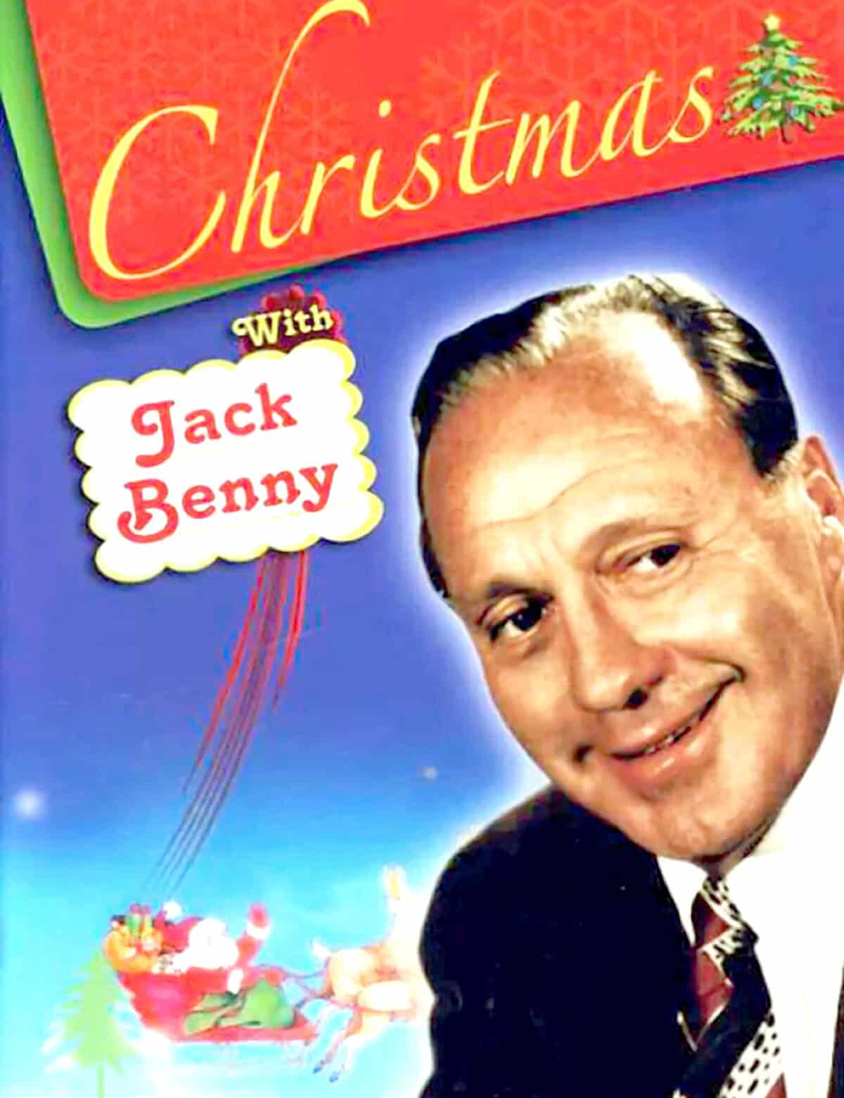 Jack Benny Christmas comedy album cover with festive icons and bright colors, perfect for holiday music, comedy, and nostalgia audiences.