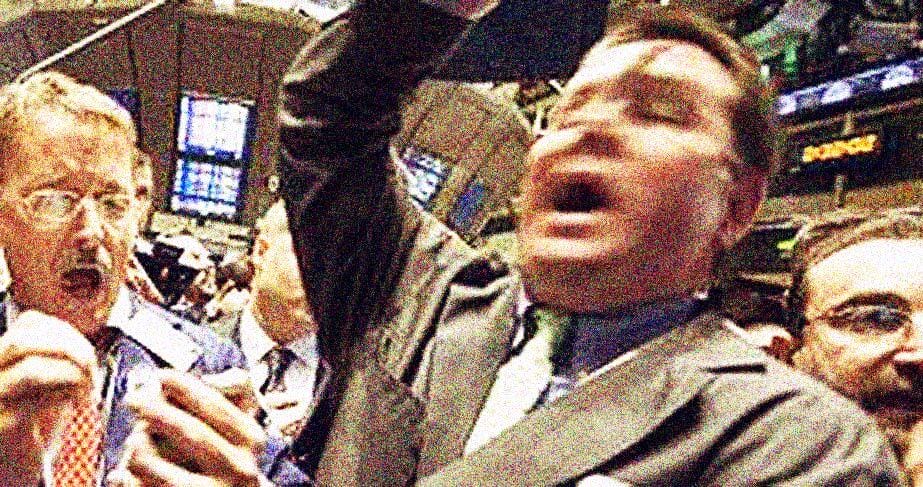 Stock market traders arguing passionately at a bustling trading floor, showcasing historic financial market activity and economic news.