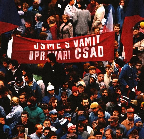 People protesting with a large red banner during a demonstration, capturing a historical moment of civil rights activism and mass rally in Hungary.