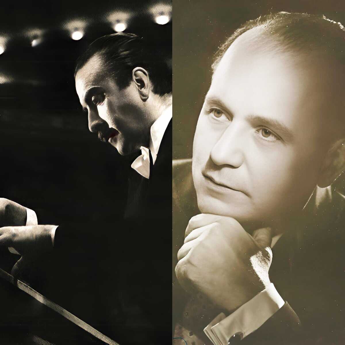 Elegant black and white portrait of a male pianist performing on stage, capturing the passion of jazz and classical music, emphasizing historic music archives and legendary artists.