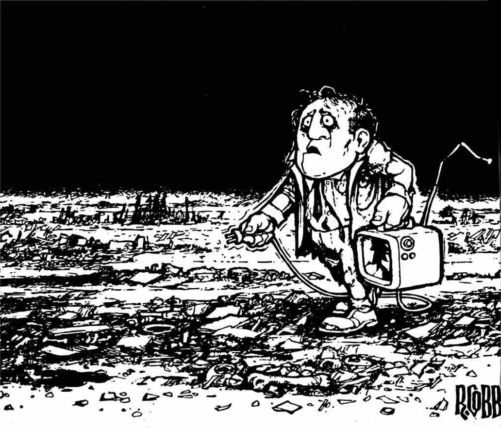 A black and white cartoon illustration of a distressed man walking through a desolate, debris-strewn landscape with a vintage television set, symbolizing media chaos or environmental disaster, for old news and history archives.