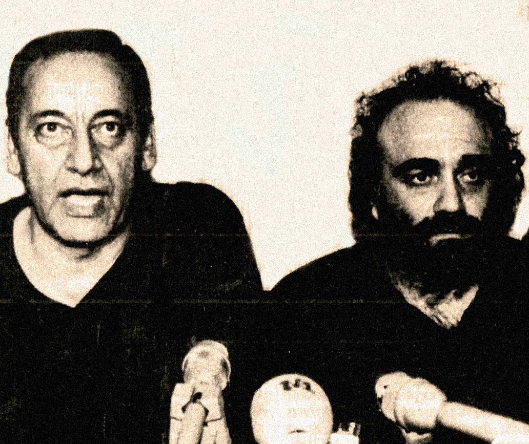Hostage negotiator Nabih Berri (L) and freed popstar Demis Roussos (R) - The U.S. and Israel remained non-plussed