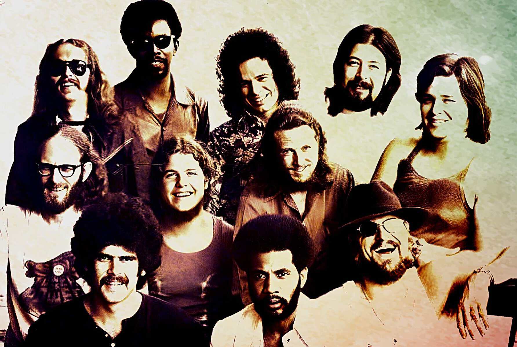 Vintage photo of a diverse 1970s rock band with band members smiling and posing, capturing the essence of music history, classic rock, and retro music culture for sound archives.