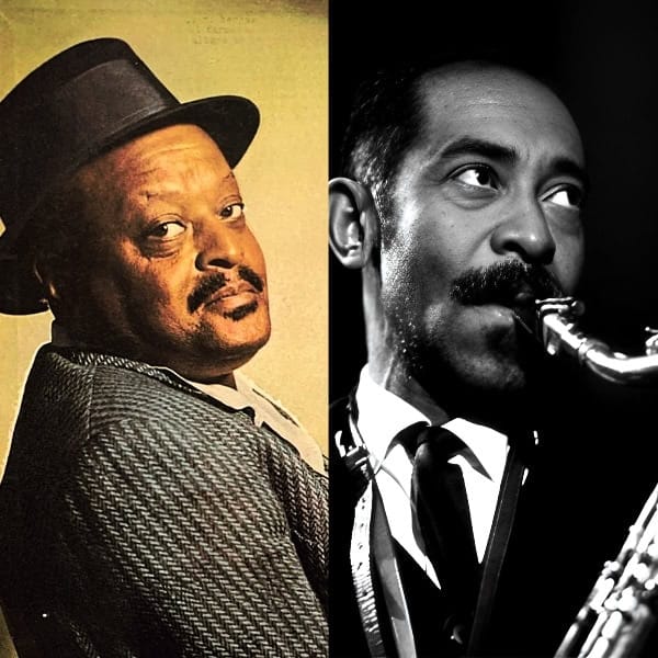 Vintage jazz musicians portrait, capturing the essence of classic music through a side-by-side black and white and color photograph, highlighting the history of jazz music.