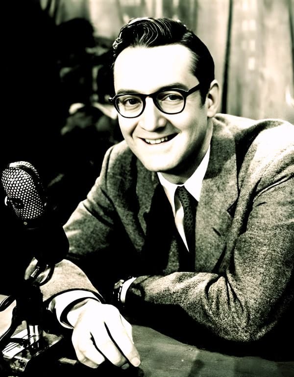 A vintage-style photo of a man with glasses speaking into a microphone, representing podcast or radio broadcasting related to news, history, and music archives.