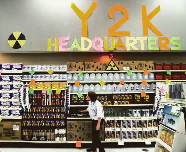 Y2K HEADQUARTERS store display with radioactive symbols and colorful signage, showcasing a themed retail section dedicated to Y2K memorabilia, hazards, and collectibles for enthusiasts.