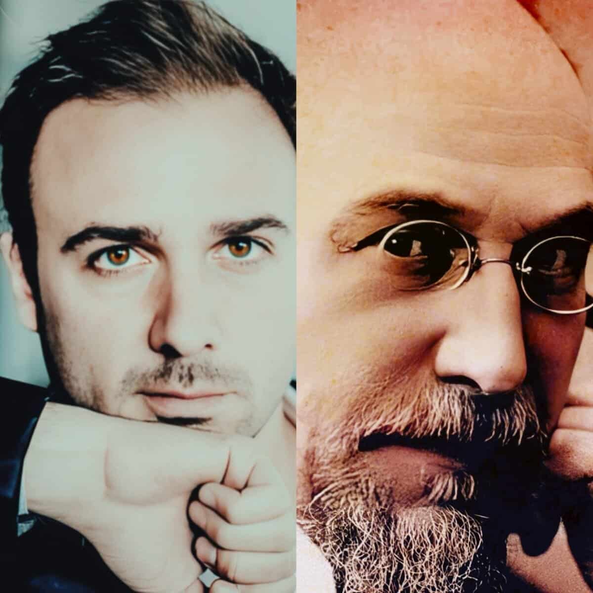 Portrait of two men, one with dark hair and piercing eyes, the other with glasses and a beard, promotional image for past daily sound archive of news, history, and music, capturing the essence of vintage audio recordings and cultural preservation.