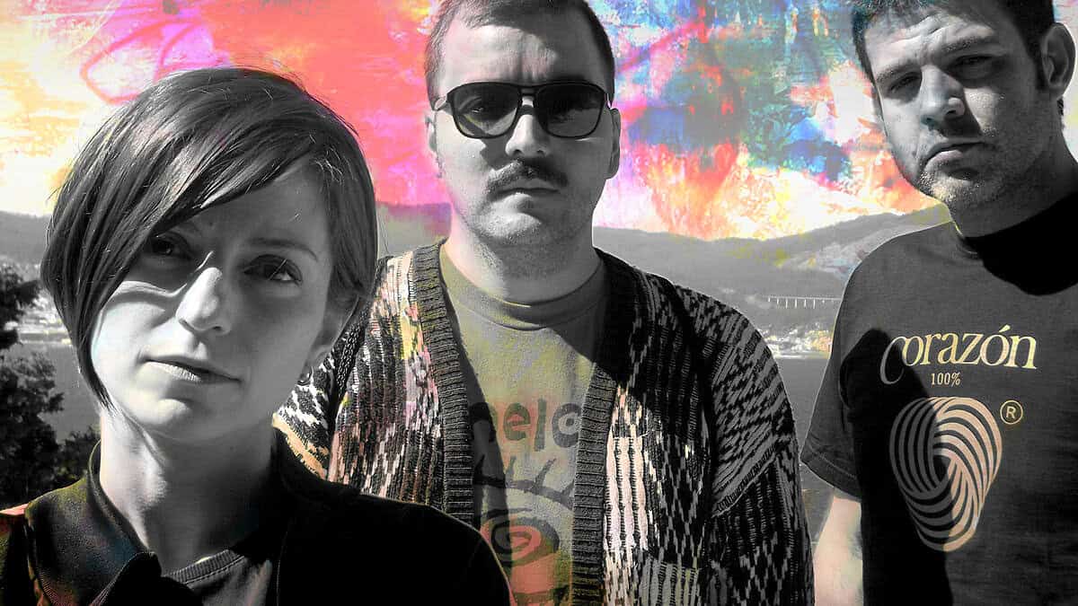 Vibrant, colorful sky background with three people in black-and-white foreground, representing music, news, and history archives, emphasizing Past Daily's collection of historical sound recordings and news broadcasts.