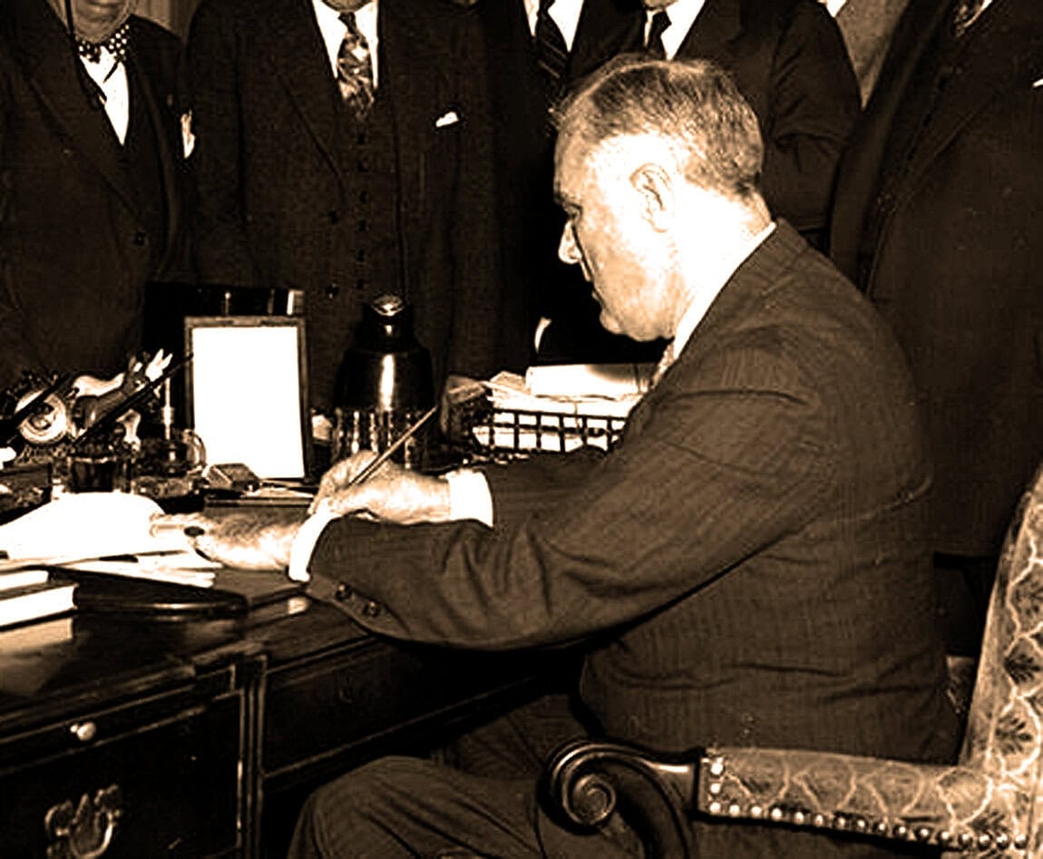 Historical man signing documents at vintage office desk, sepia tone, mid-20th century business or political setting, old-fashioned office decor with men in formal suits, archival news history imagery, vintage documentation scene.