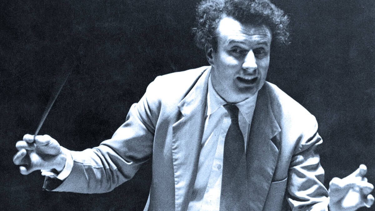 Energetic conductor leading a music and news archive performance, showcasing vintage sound recordings, history, and radio news. Classic black-and-white image emphasizing vintage media and historical broadcasting.