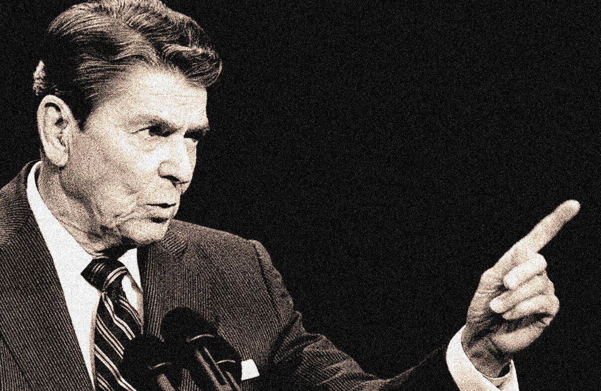 Historic black and white photo of Ronald Reagan delivering a speech at a podium, symbolizing political history, speeches, and US leadership.
