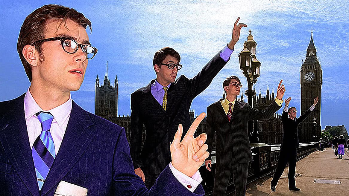 A sound archive of news, history, and music featuring businesspeople in suits conducting a protest or demonstration near Big Ben in London, emphasizing historical events, news, and cultural archives.