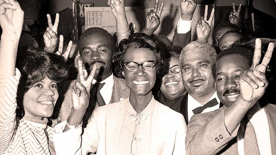 Historic news event of diverse group celebrating, archival black and white photo, historical figures, civil rights movement, past daily sound archive, music and history preservation.