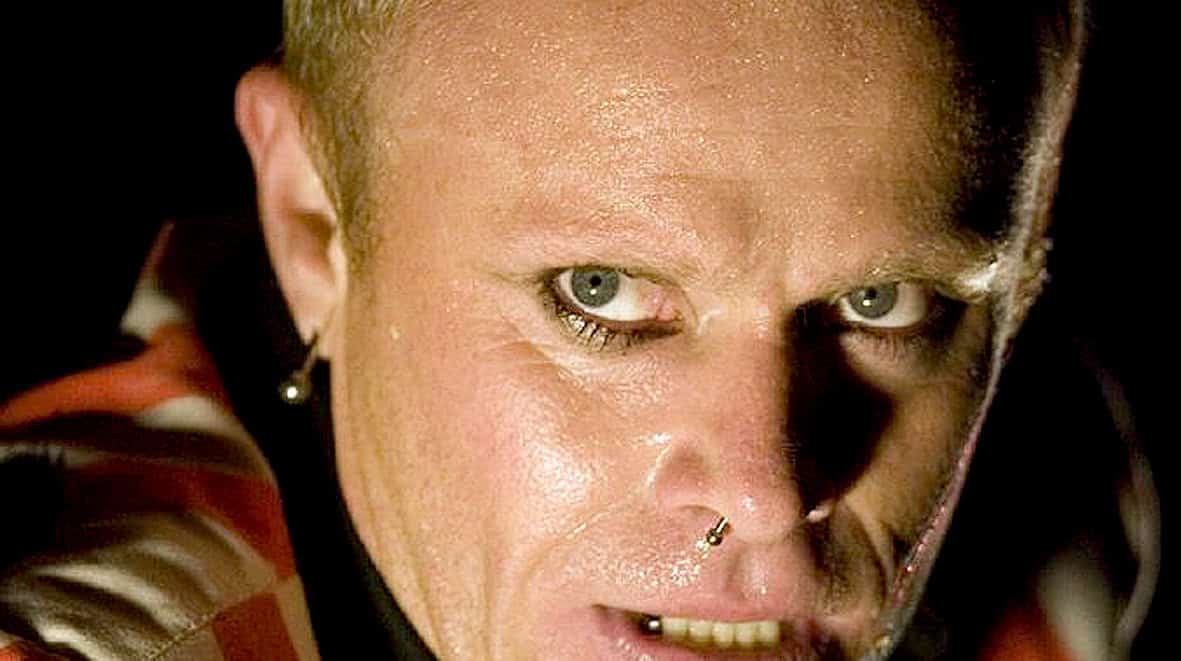 Close-up of a person with piercing blue eyes, nose piercings, and bold makeup, reflecting unique individuality and alternative fashion trends, suitable for music and cultural archive content.