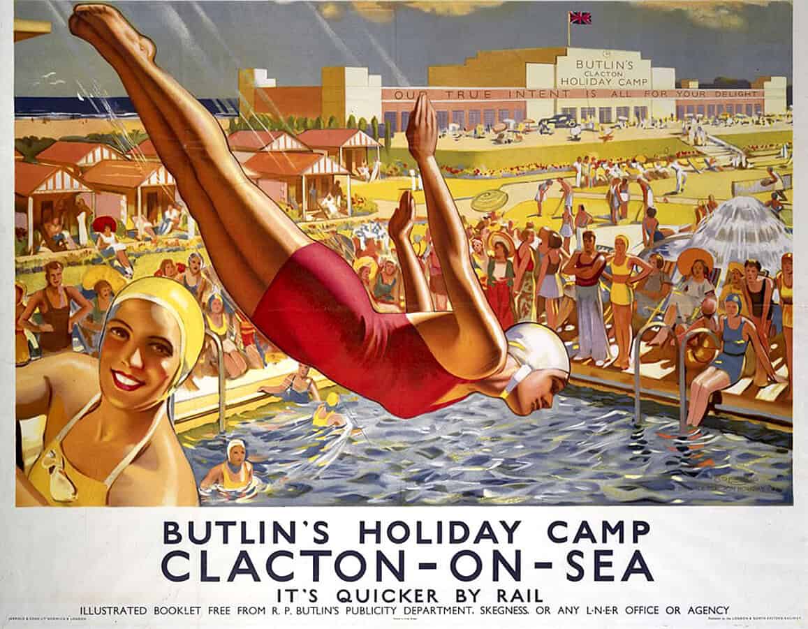 A vintage illustration of a lively beach scene at Butler's Holiday Camp with people enjoying swimming, socializing, and summer fun on a sunny day.