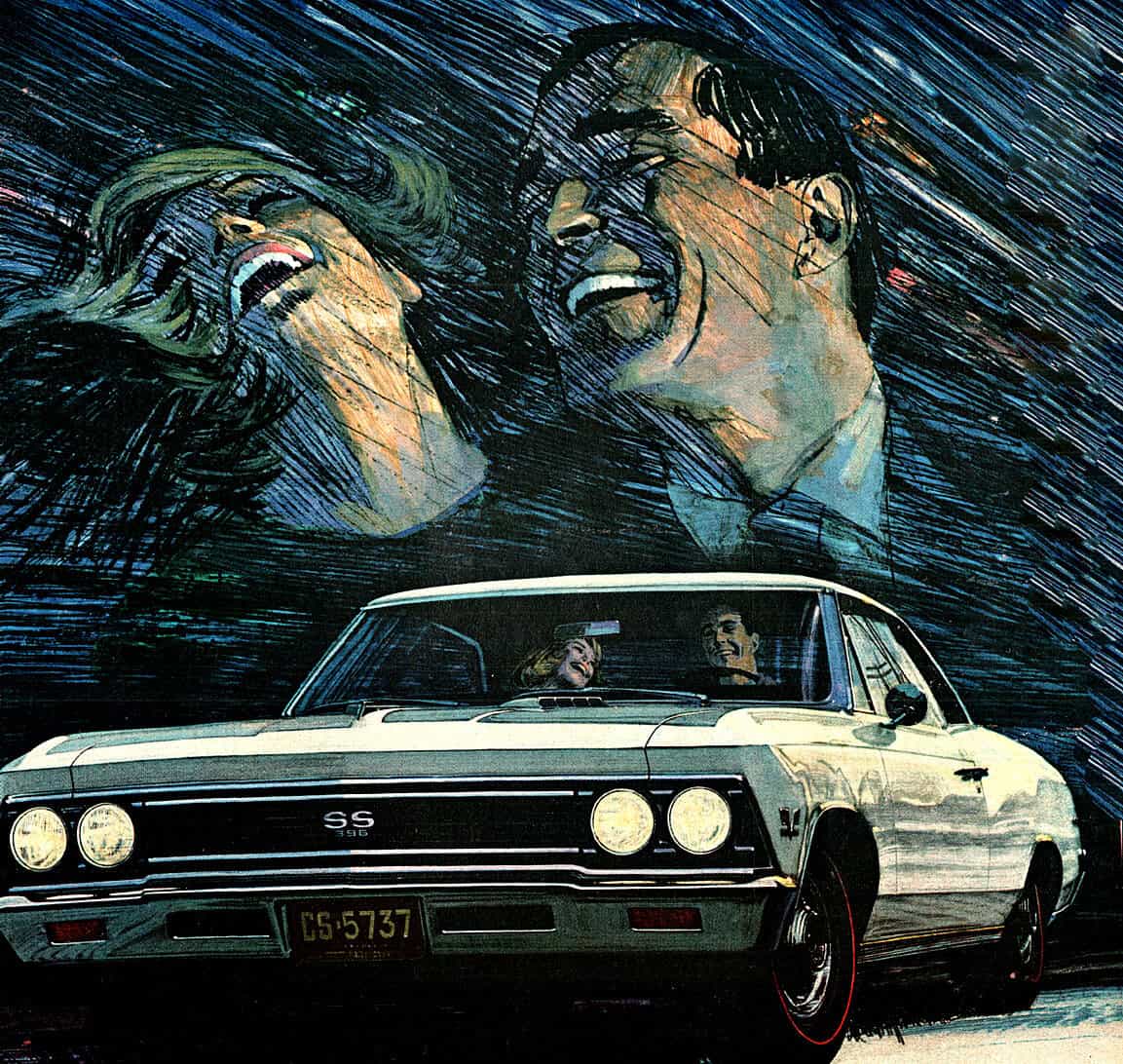 Dreamy vintage car with people enjoying music in a retro setting, art mural background, nostalgic 1960s style, classic American muscle car, music archive, jazz and rock influence, Past Daily theme, news and history memories.