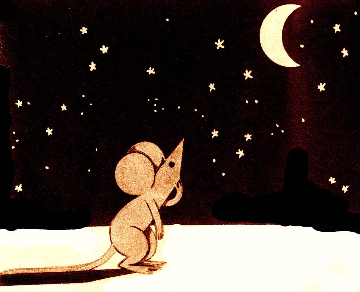 A cute cartoon mouse gazing at the night sky with stars and a crescent moon, representing nostalgia and history, suitable for a sound archive of news, music, and historical recordings.