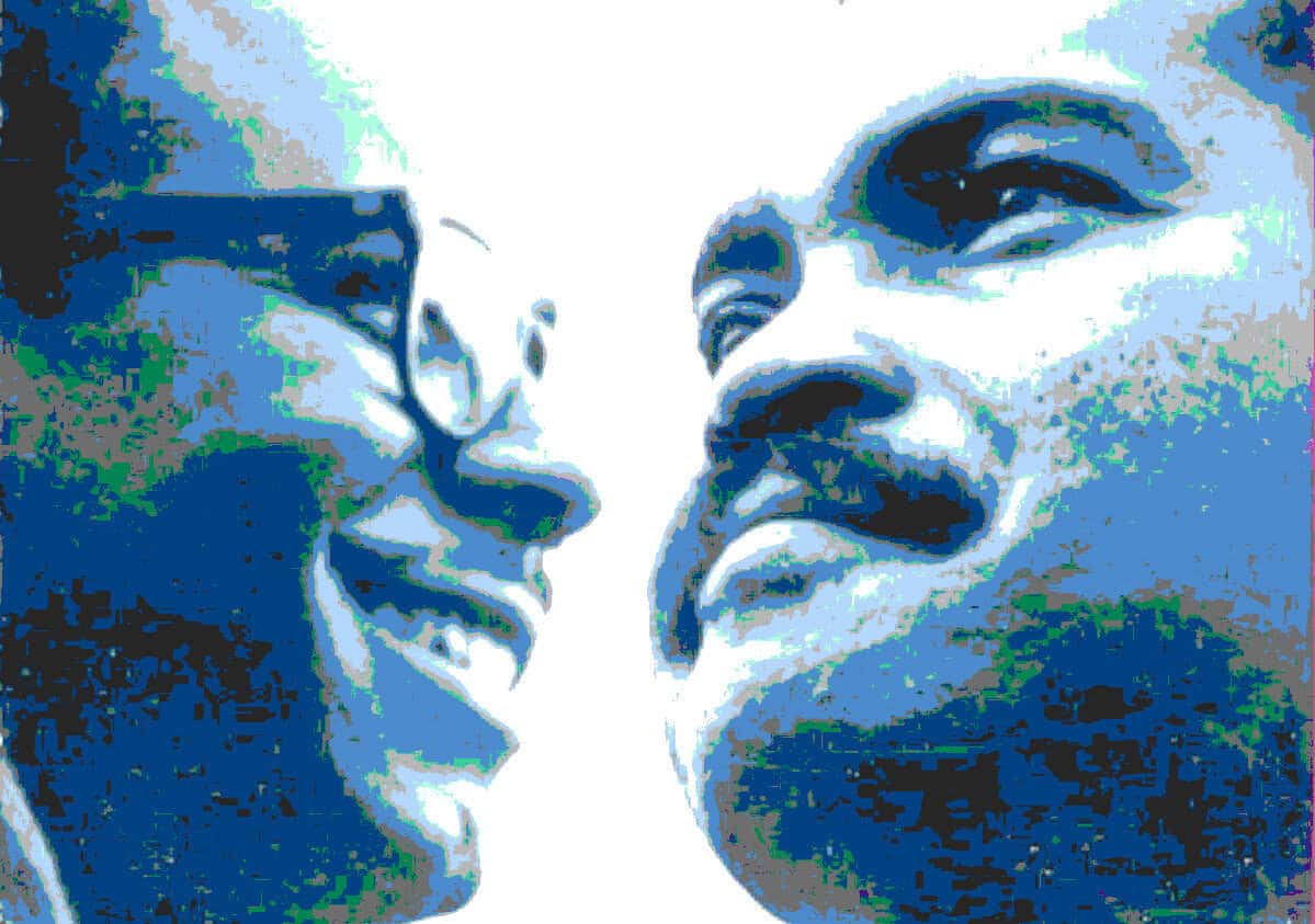 Vibrant abstract illustration of two women smiling and laughing, emphasizing themes of joy, friendship, and positivity in a colorful artistic style.