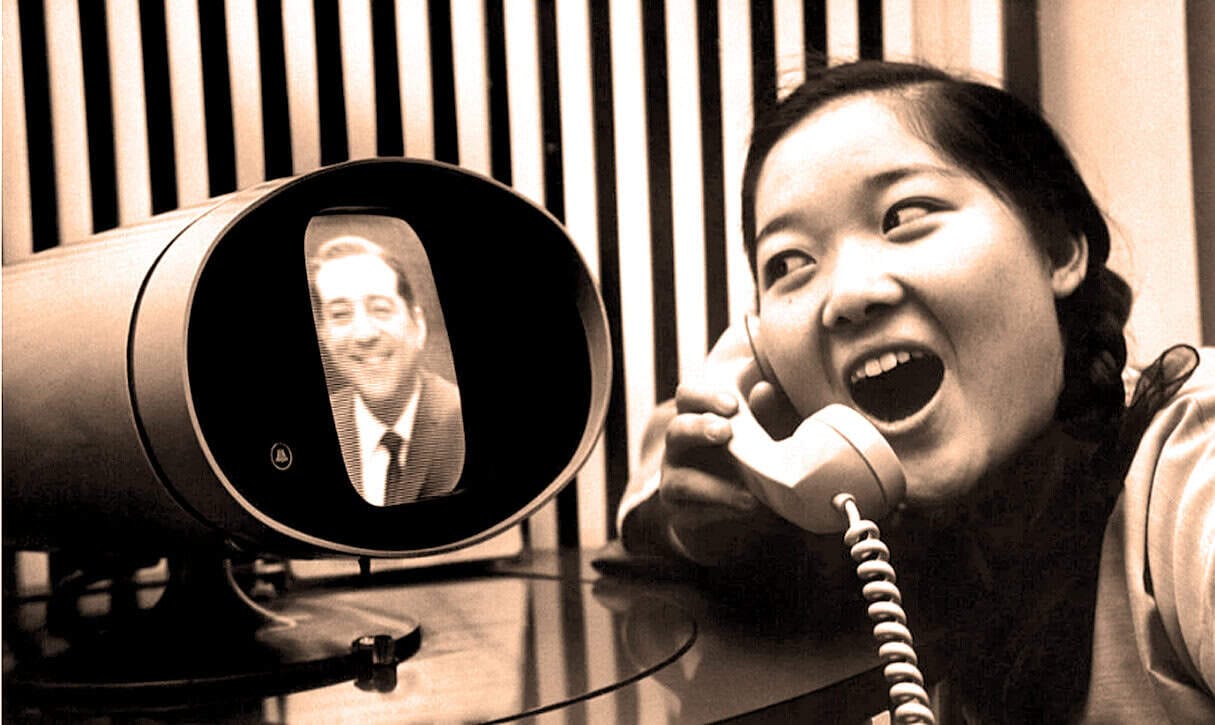 Voice recording interview with a man on a vintage telephone, woman smiling and speaking into a retro microphone, in a radio studio setting emphasizing news, history, and music archives.