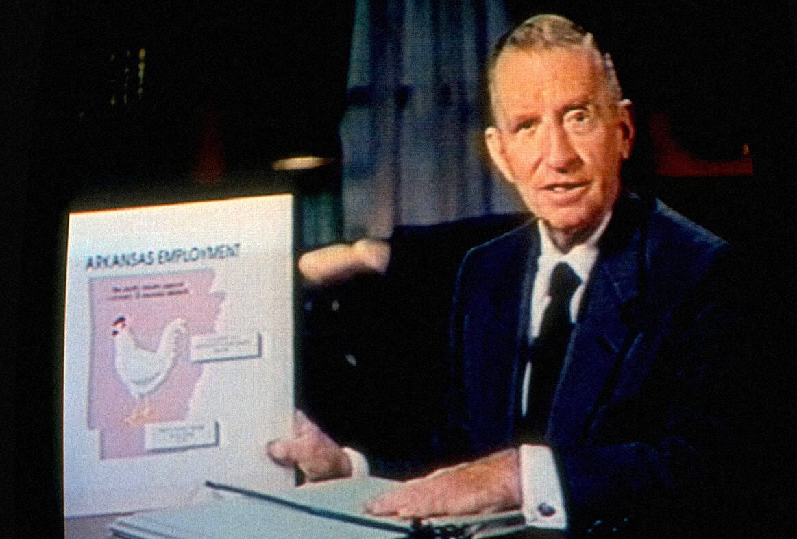 Historic news anchor presenting archival broadcast about chickens and European history, emphasizing sound archive of news, history, music, and radio broadcasts from Past Daily.