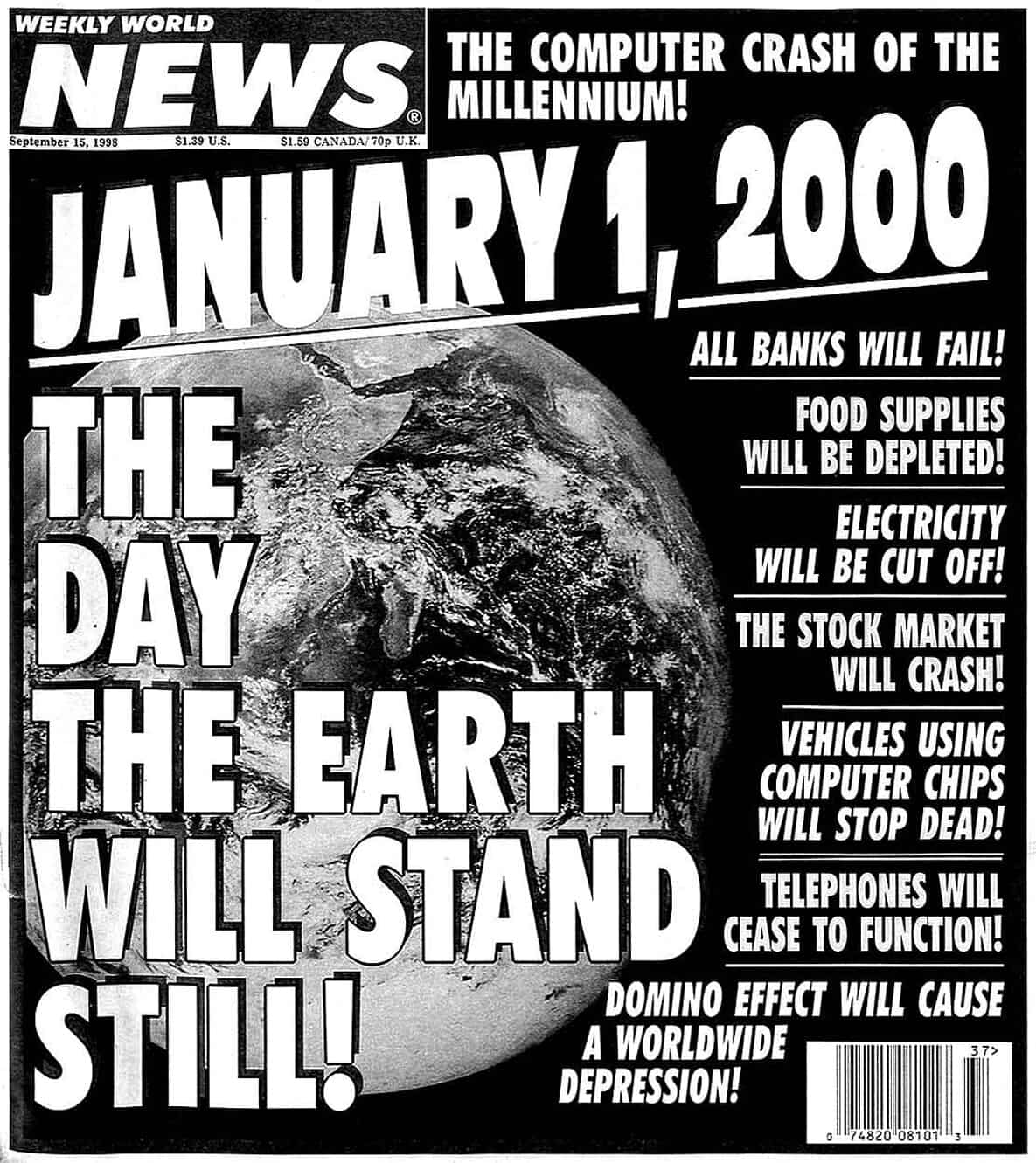 Earthquake damage news headline from a 1998 newspaper emphasizing the prediction of global catastrophe, with bold text and a superimposed image of Earth for historical and news archive relevance.