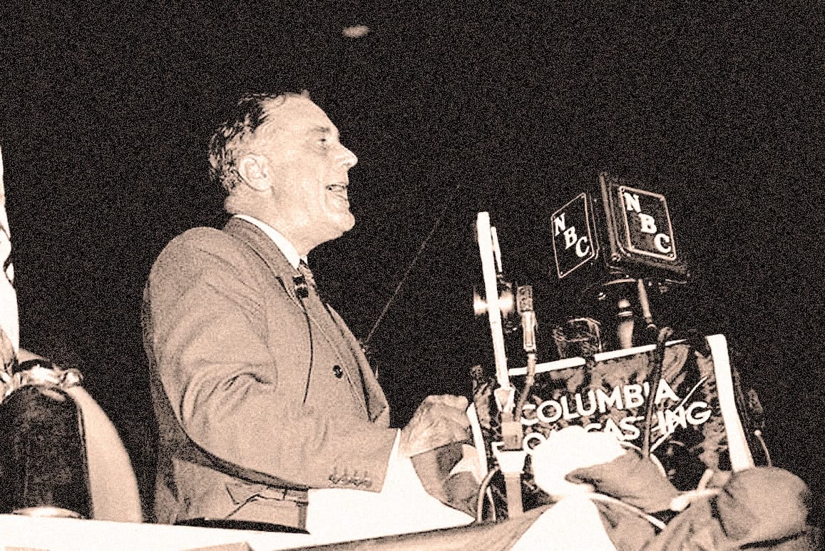 Vintage radio broadcaster at NBC news studio, delivering news and music recordings, representing historical media and sound archive collections.