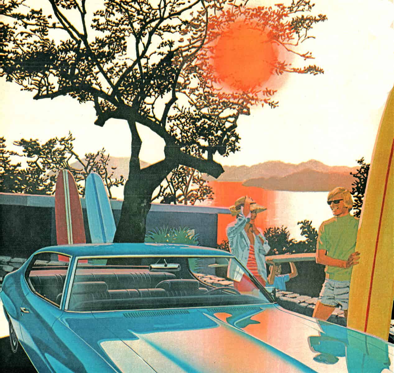Vibrant sunset at a lively beach scene with classic cars, surfboards, and people enjoying the seaside, capturing nostalgic summer vibes and coastal leisure.