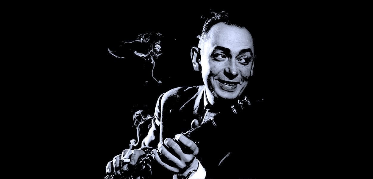 A black and white stylized image of a jazz musician playing the clarinet, capturing the essence of classic jazz music and historical sound archives related to music history.