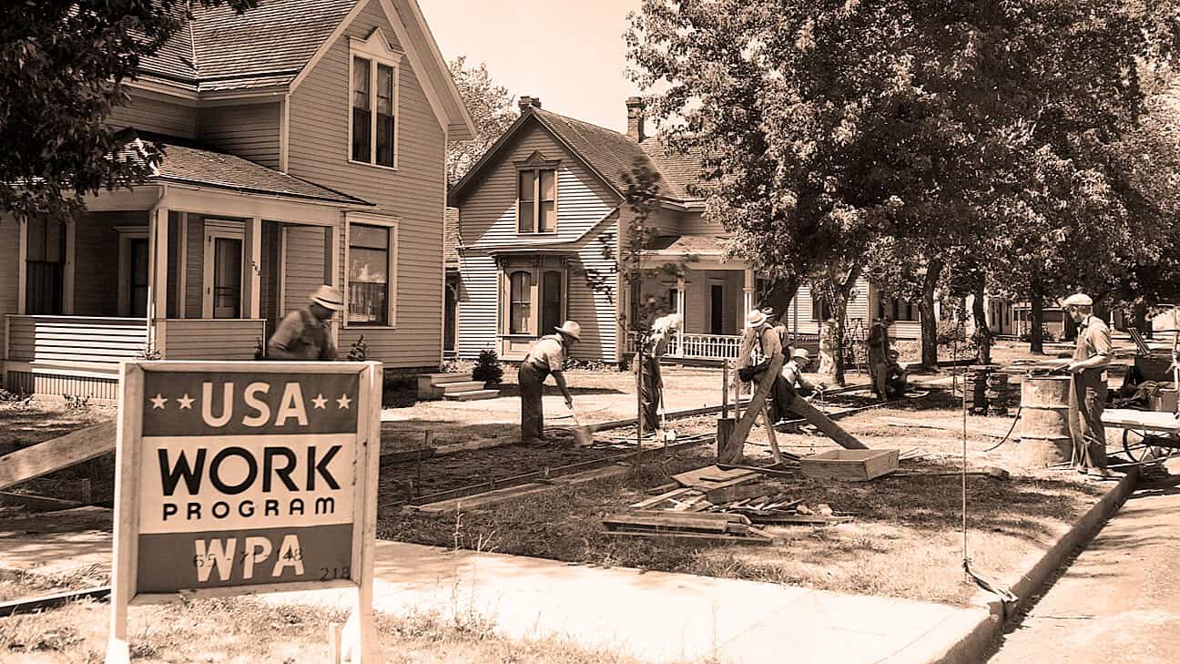 Historic neighborhood street reconstruction with workers, vintage houses, and a "USA Work Program WPA" sign, showcasing historic community development and labor efforts.
