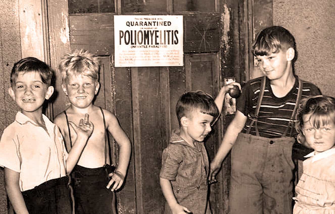 A sepia-toned photo of children in front of a quarantine sign, reflecting historical news archives and childhood memories.
