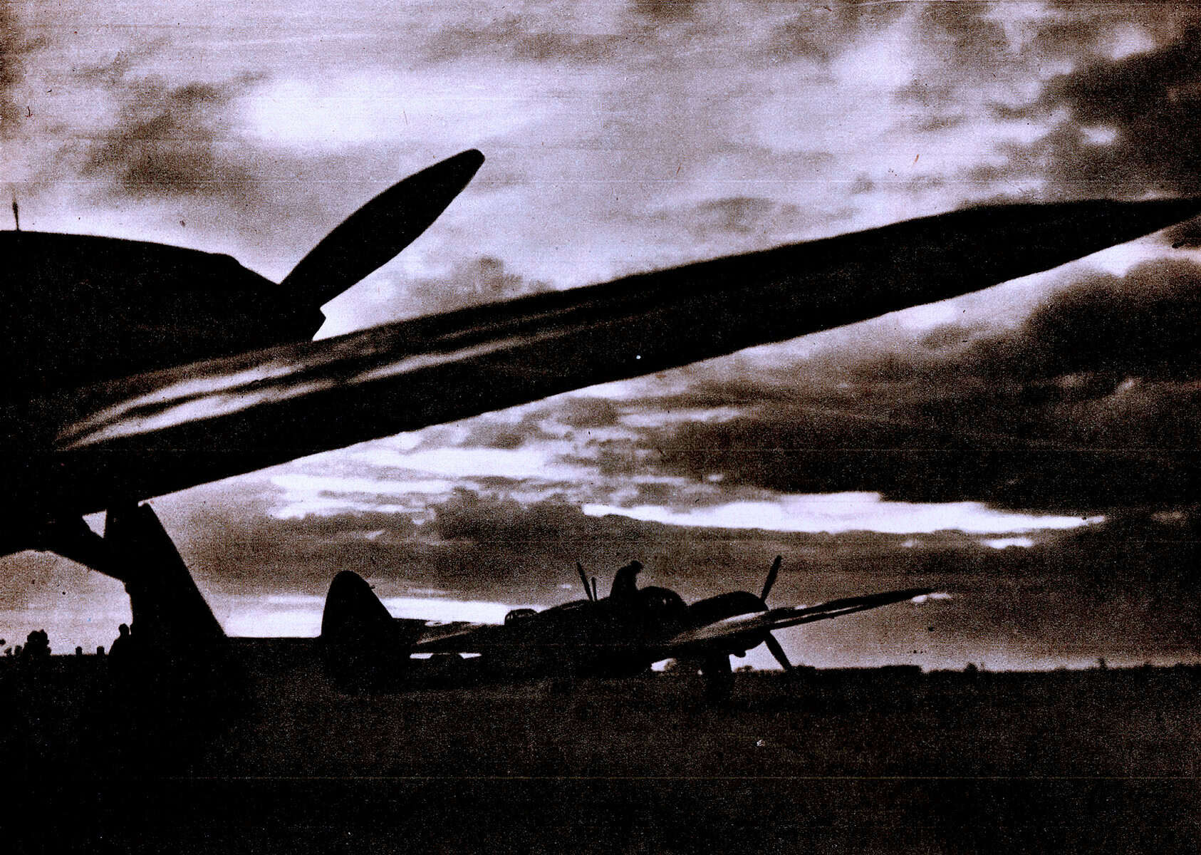 Silhouetted fighter aircraft on a runway during sunset, historical military planes emphasizing vintage war aviation, related to historic news and air force history, image for Past Daily sound archive.