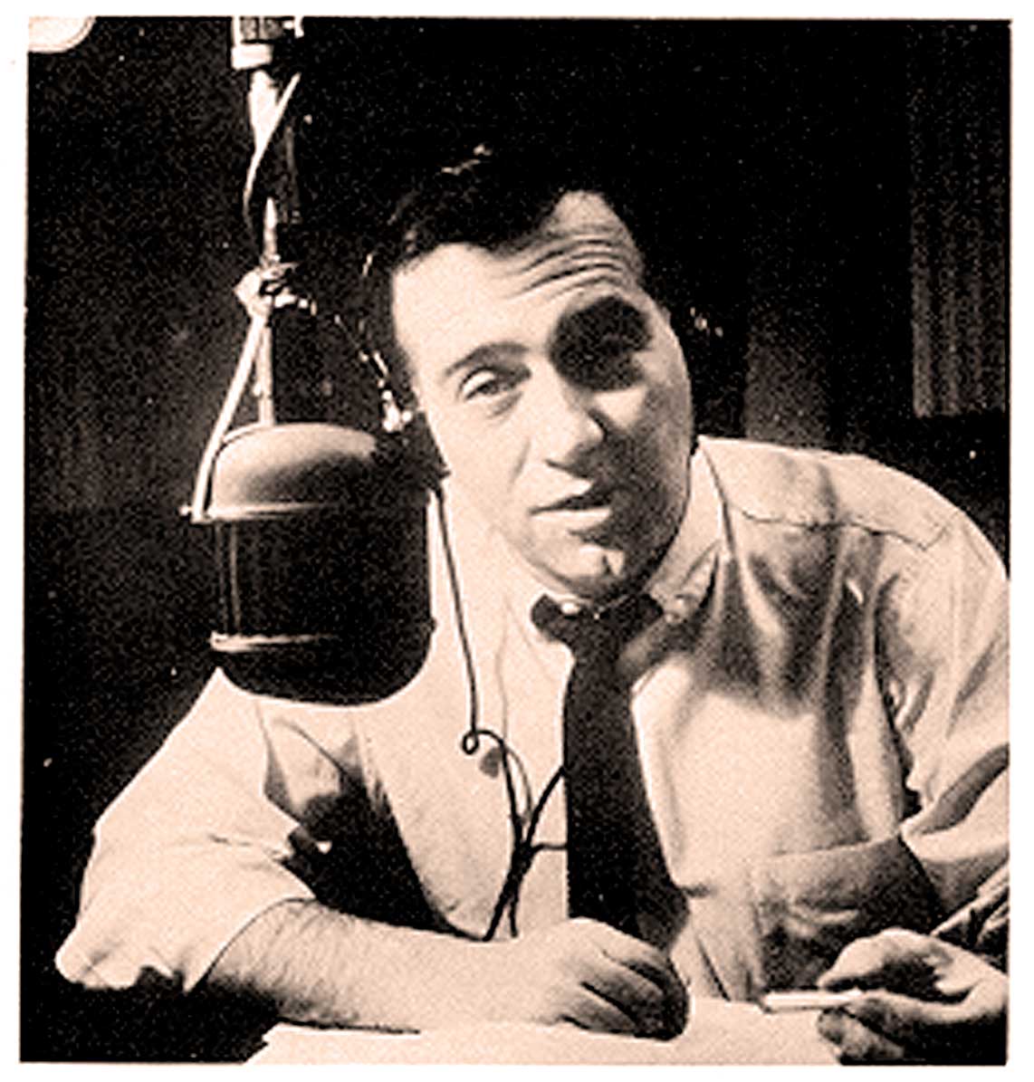 Vintage radio broadcast with a man speaking into a microphone, representing historical news, music, and sound archives.