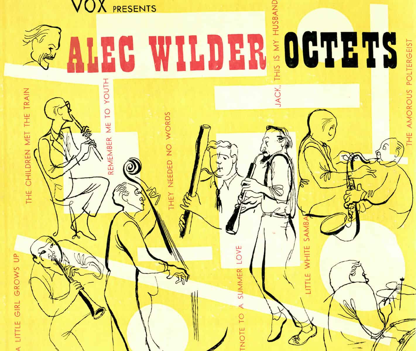Alec Wilder Octets album cover artwork featuring line drawings of musicians playing wind instruments on a vibrant yellow background.
