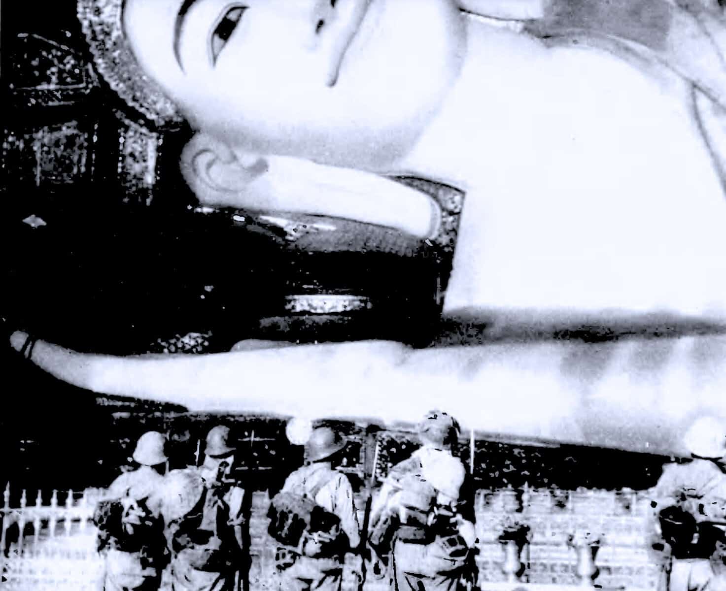 Vintage black and white photograph of a young woman taking a selfie, with soldiers marching in the background. Historic image capturing moments of past news, history, and music archive.