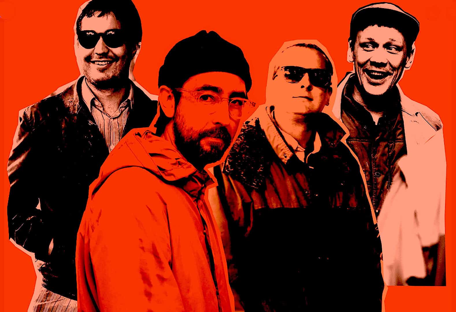 Members of a music band in stylish casual outfits with vibrant orange background, showcasing classic rock aesthetics and musical history for archive and nostalgia.