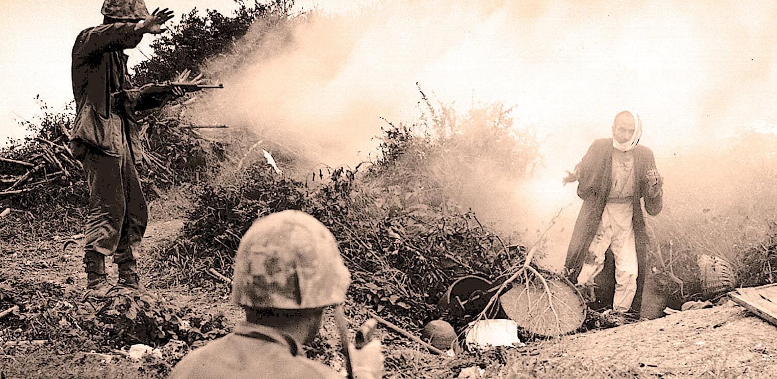 Explosion during military conflict with soldiers and smoke, historical war scene, vintage black and white photo, conflict and war history, Past Daily news archive relevance.