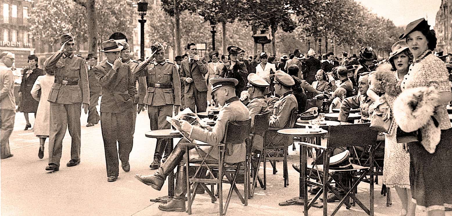 Historic military officer saluting in a public park during wartime, surrounded by seated journalists and women, capturing a scene of wartime reporting and social life.