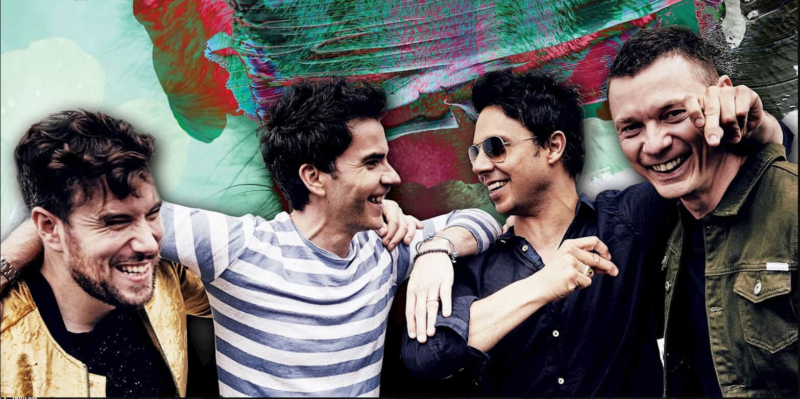 Joyful band of four men laughing and embracing, colorful abstract background, celebrating friendship and music, friendly group portrait, Past Daily: A Sound Archive of News, History And Music.