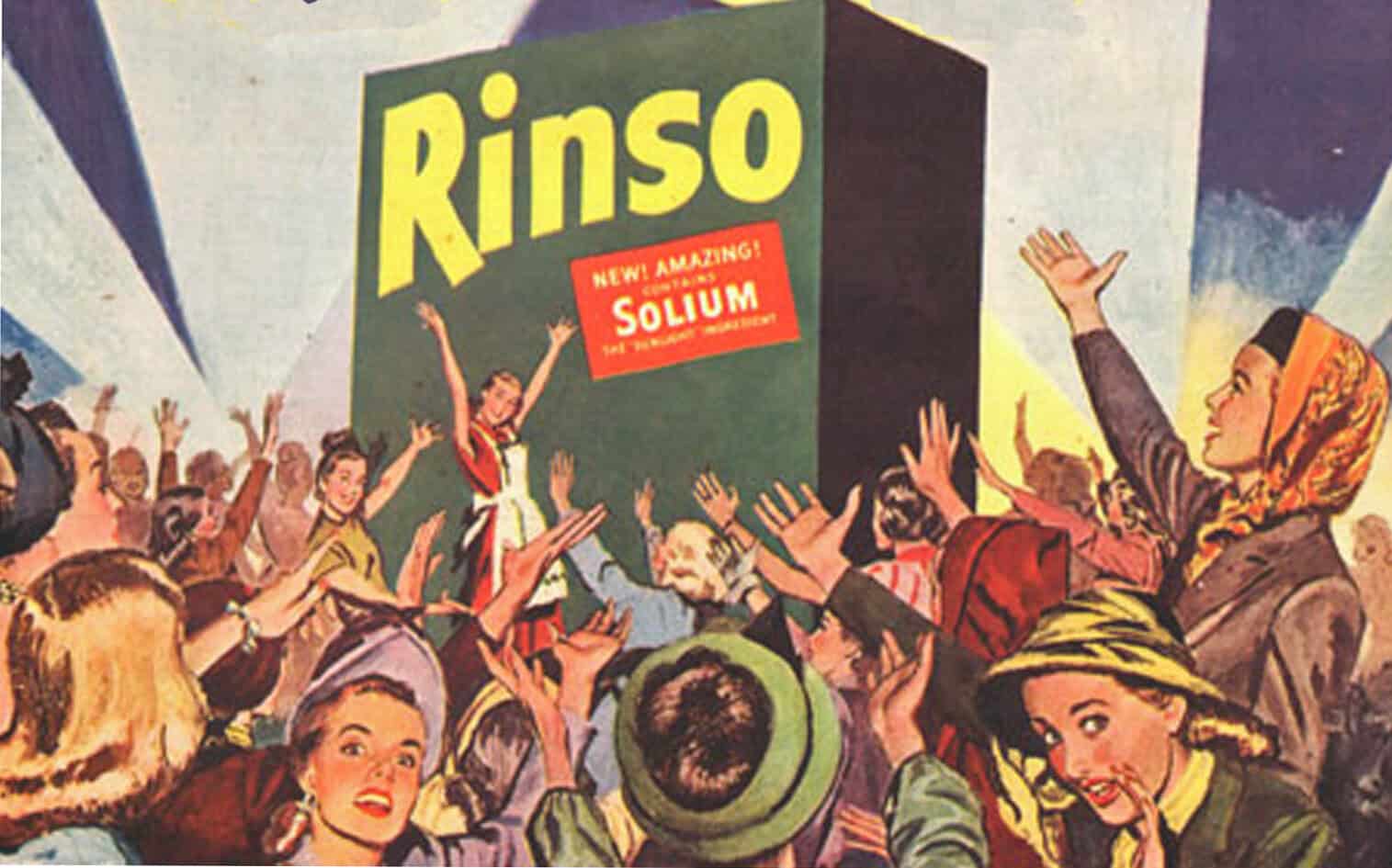 Vintage advertisement for Rinso laundry soap with people enthusiastically cheering, colorful crowds, and retro style, emphasizing historic advertising and vintage marketing images.