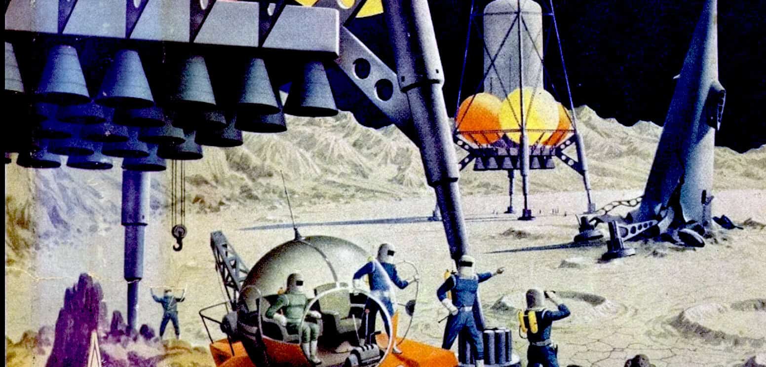 Satellite lunar landing scene with astronauts and spacecraft on the moon's surface, illustrating space exploration, historic moon landing, and science nostalgia.