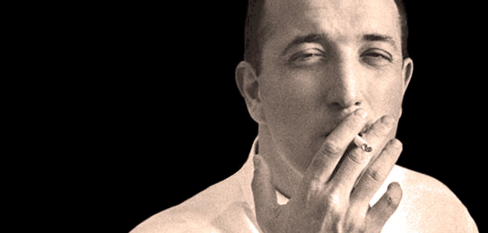 Black and white portrait of a man smoking a cigarette, vintage style, nostalgic music and news archive, historical sound recordings, past daily sound archive relevance.