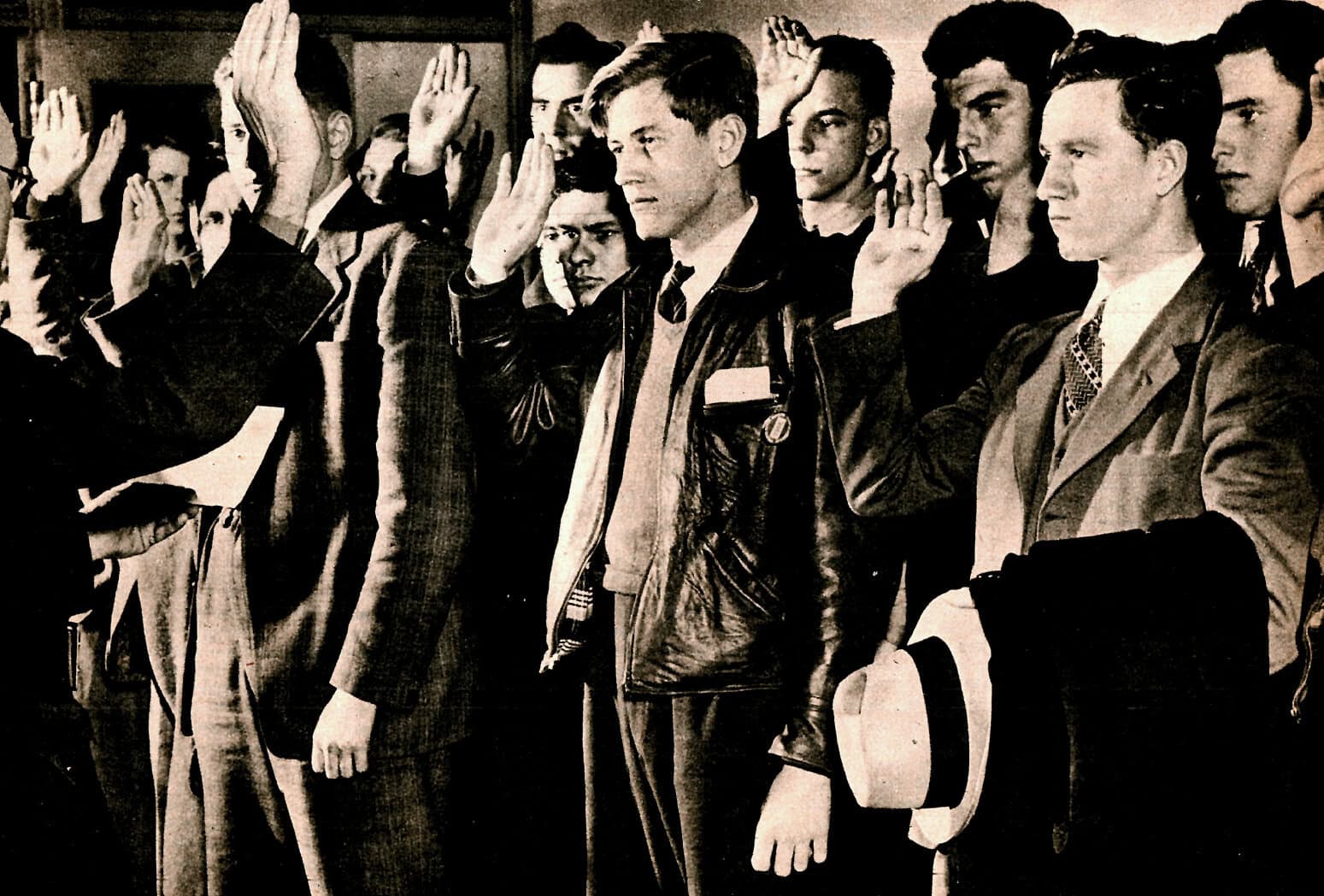 Historic courtroom scene with young men taking the oath, representing iconic moments in history, law, or civil rights.