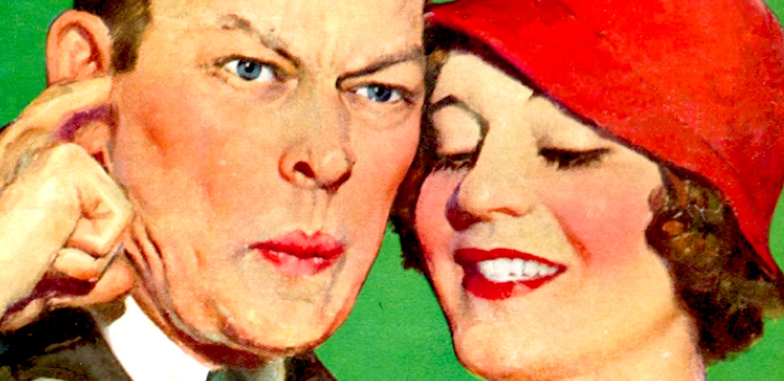 Close-up of a vintage comic book illustration featuring a man and woman with bright colors, representing retro pop culture and historical entertainment themes.