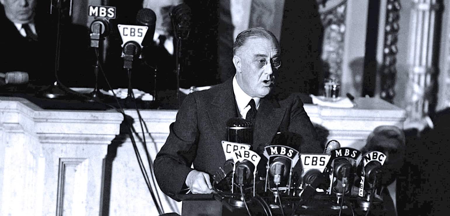 Radio broadcast at a historic news conference, with multiple microphones labeled CBS, NBC, and MBS, capturing a moment in American political or news history.