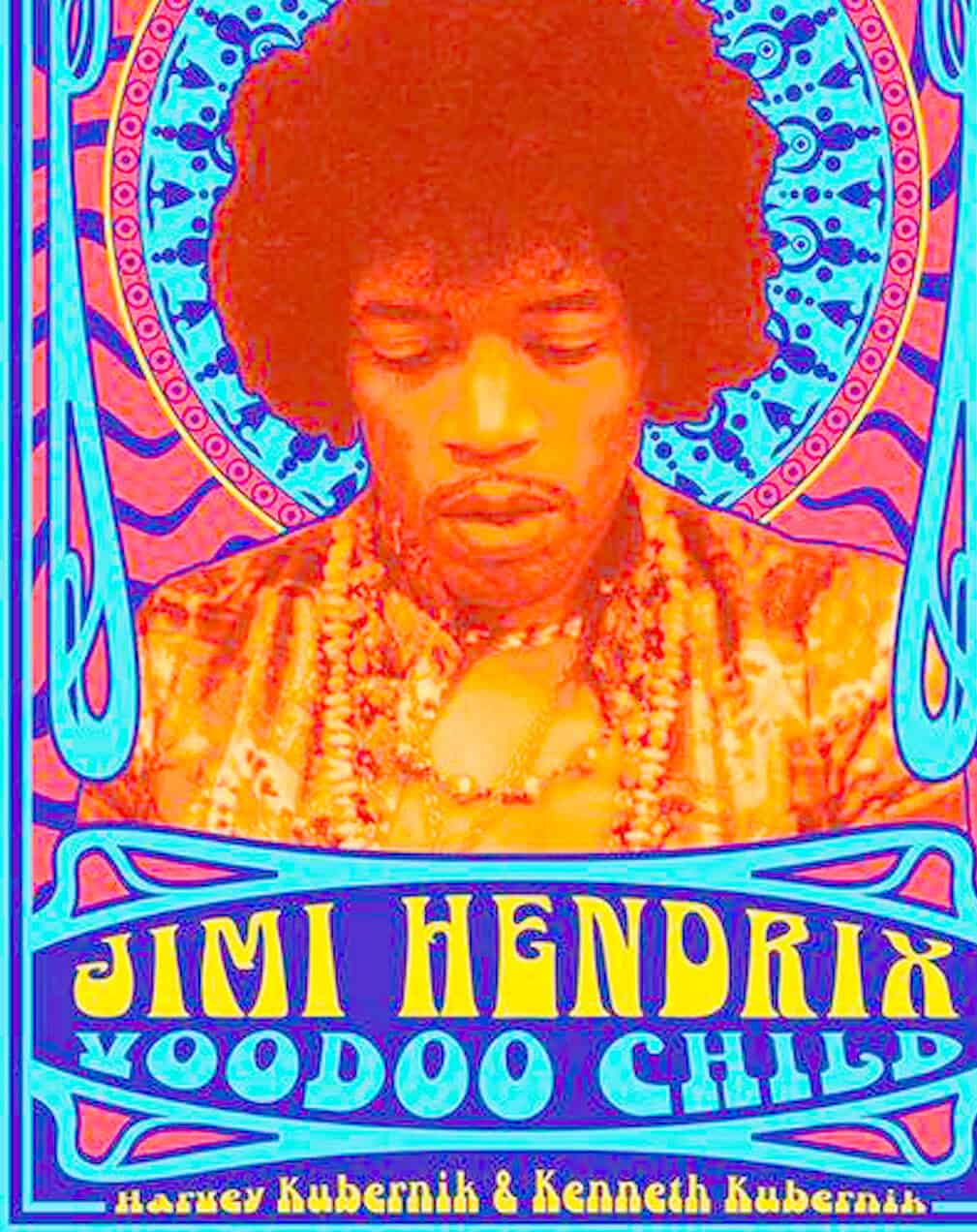 Vivid psychedelic portrait of Jimi Hendrix featuring bright colors and intricate background patterns, highlighting his musical legacy and influence in the 1960s counterculture.