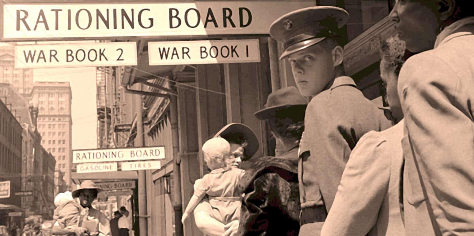 Historical black and white photo of people waiting in line outside a store with "RATING BOARD" signs, reflecting wartime era, likely 1940s.
