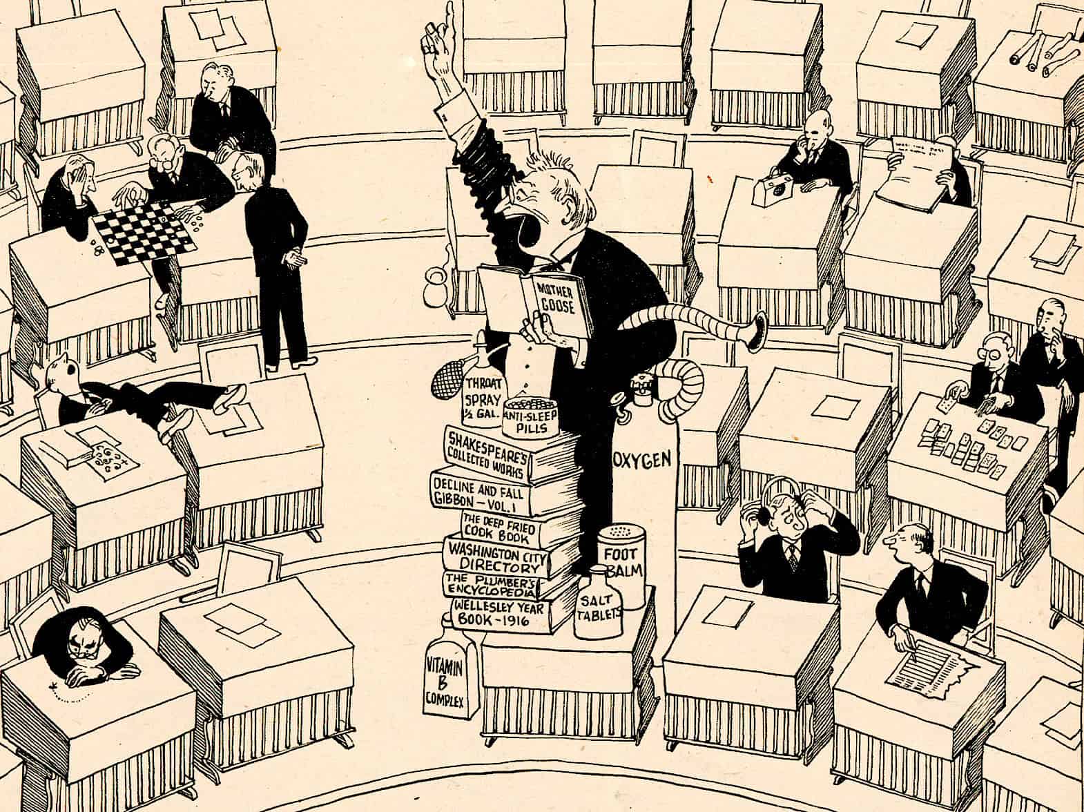 A satirical cartoon depicting a chaotic courtroom scene with a conductor resembling a rock star, surrounded by legal books and humorous props, highlighting a humorous take on law and music.