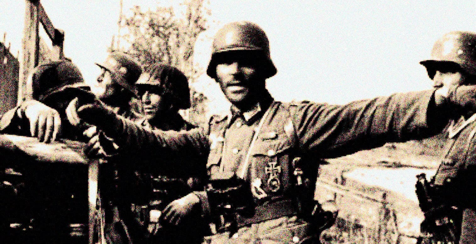 American soldiers in WWII military uniforms during a historic moment, representing war history, noise, and music archives from the past.