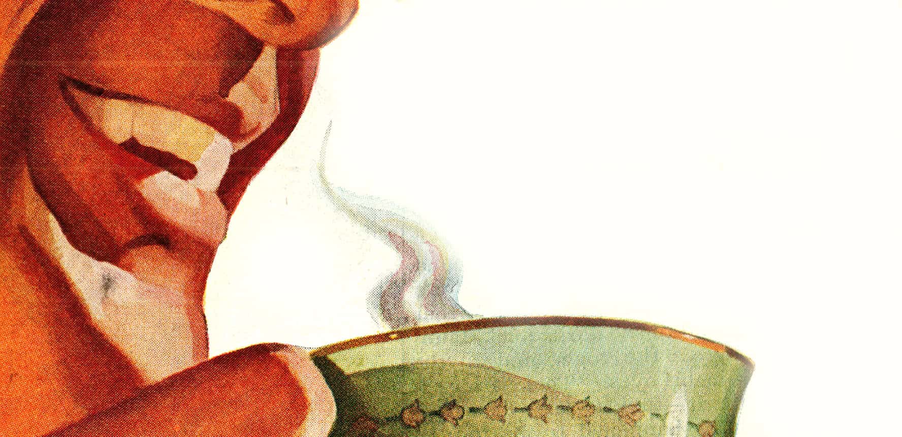 A steaming cup of coffee, vintage illustration style, symbolizing warmth, comfort, and daily news routines, ideal for highlighting historical news, music archives, and nostalgic sound recordings.